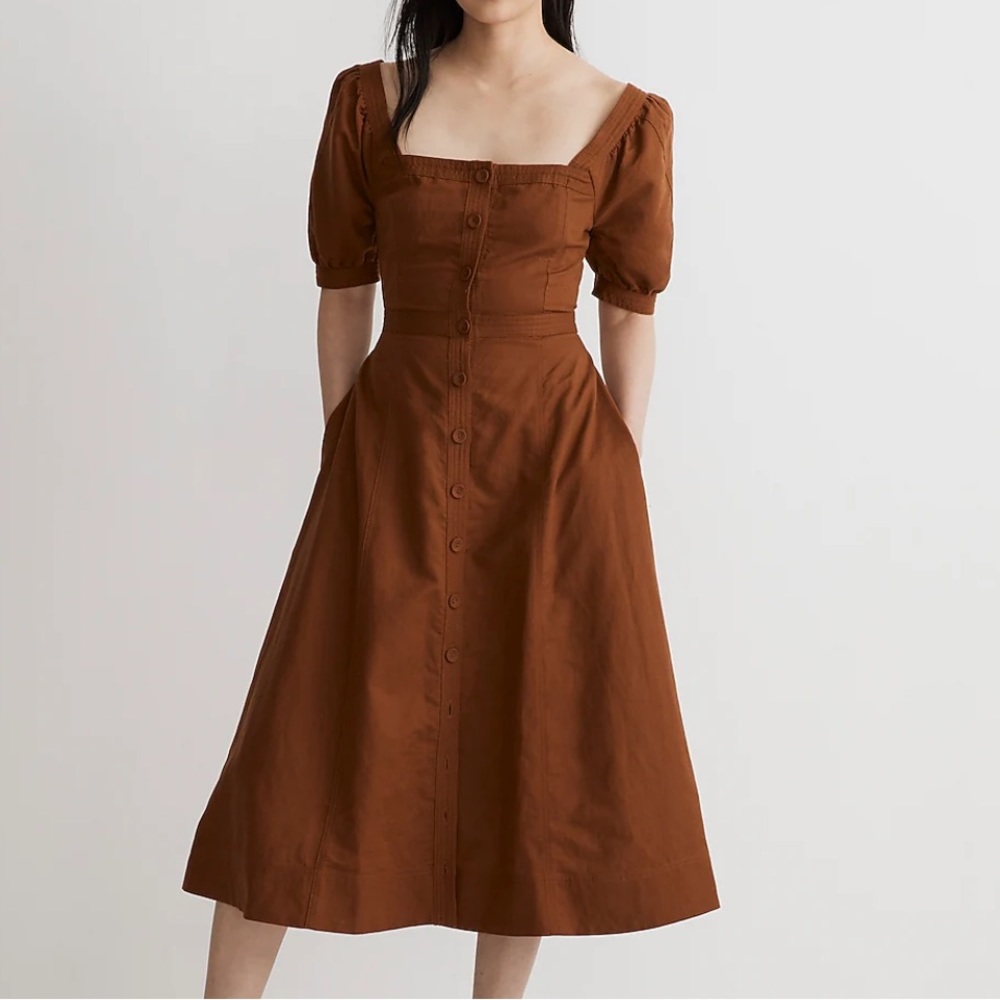 NWT Madewell Linen-Cotton Seamed Puff-Sleeve Midi Dress